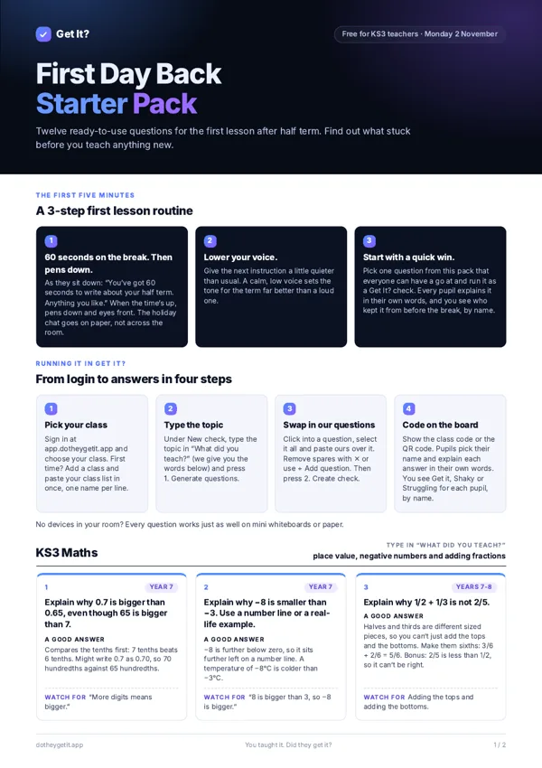 Page one of the First Day Back Starter Pack PDF, showing the 3-step first lesson routine, the four steps to run it in Get It? and three KS3 Maths questions.